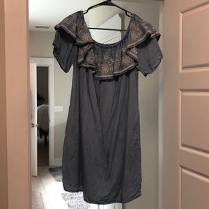 Off the shoulder embroidered chambray dress
